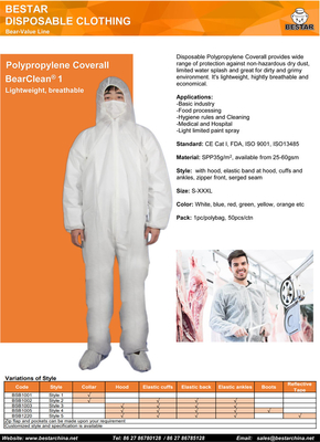 खाद्य उद्योग डिस्पोजेबल सुरक्षात्मक कवरऑल नॉनवॉवन एसपीपी डिस्पोजेबल बॉडी सूट