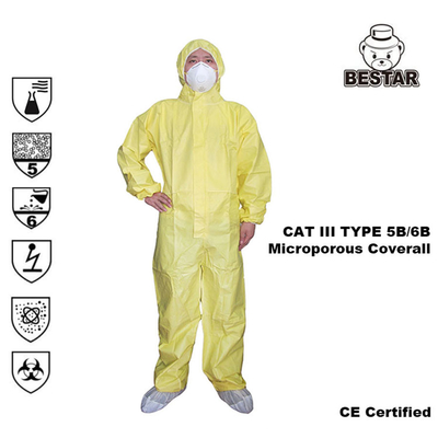 अस्पताल के लिए कैट III टाइप 5 बी / 6 बी डिस्पोजेबल मेडिकल कवरॉल केमिकल प्रोटेक्टिव सूट
